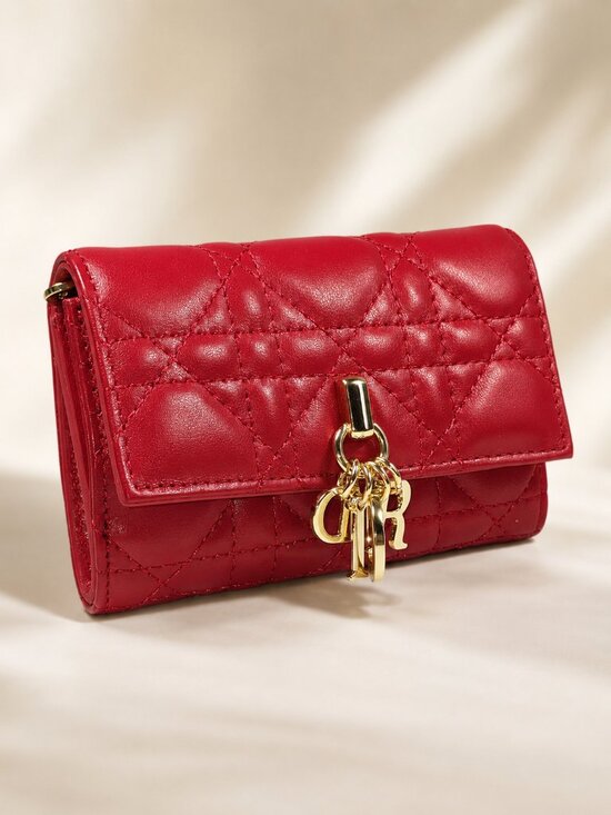 Dior Handbags - Christian Dior Lady Dior Cannage Quilted Red Leather Wallet w/ Gold Charms - New